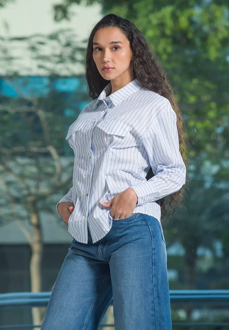 VIRGIO 100% Cotton Fitted Stripe Shirt With Flap