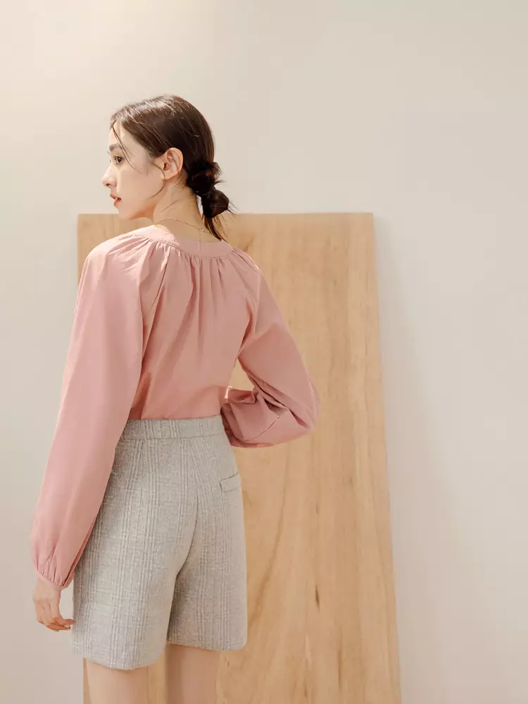 Small V-Neck Pleated Puff Sleeve Solid Top [AB17574]