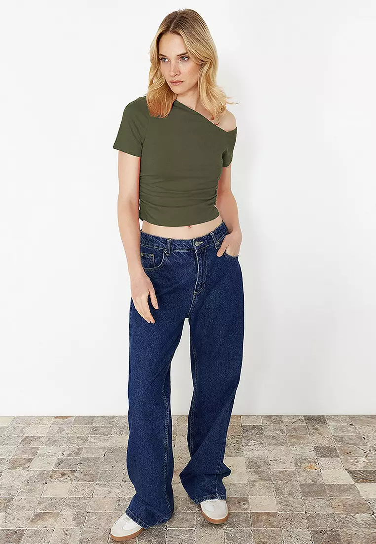 Khaki Pleated Asymmetric Collar Flexible Knitted Blouse