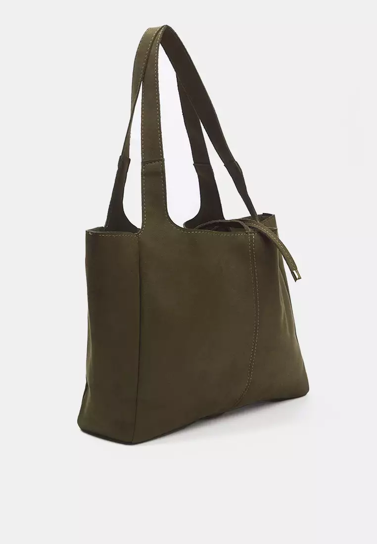 Khaki Suede Tie Detailed Midi Women's Tote Shoulder Bag