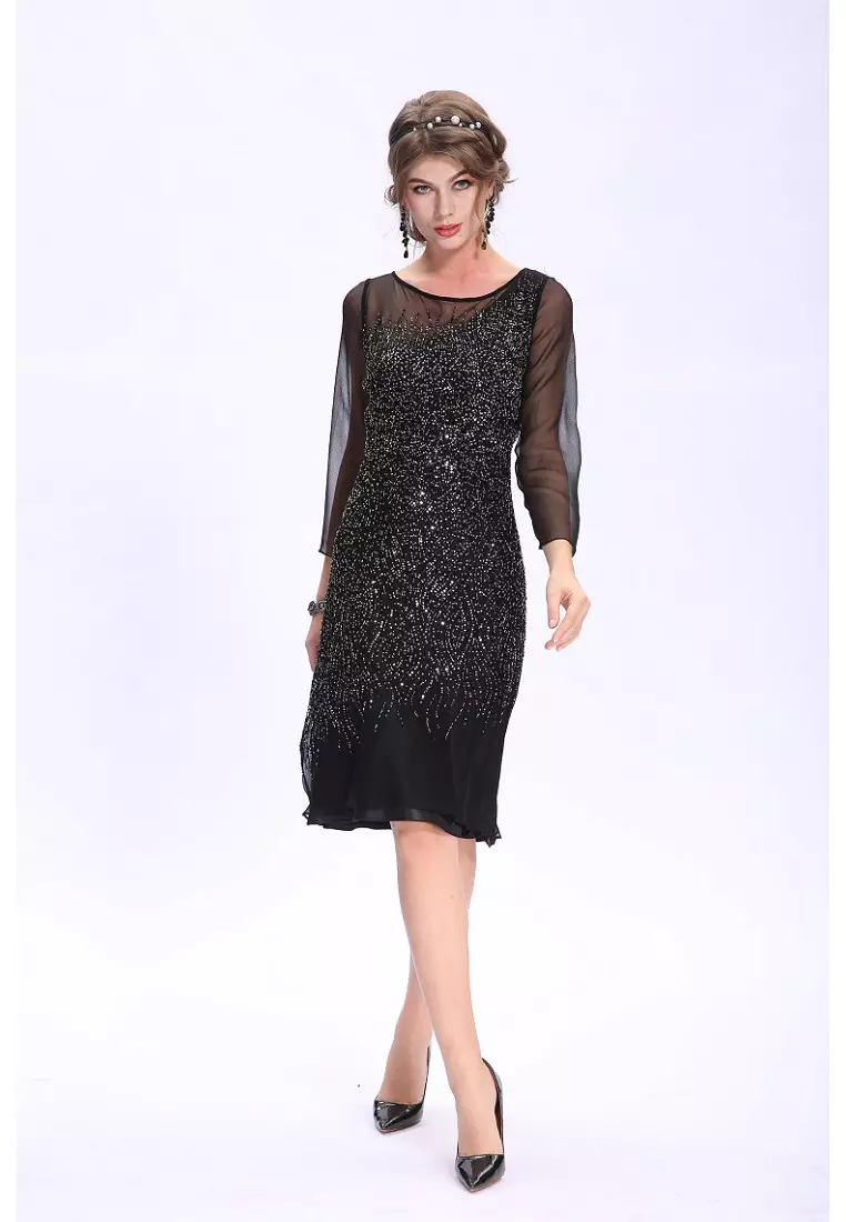 時尚釘珠短袖領修身晚裝短裙