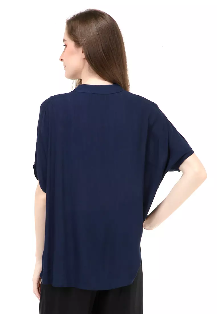 Nela Blouse Short Sleeves Wanita Motif Polos Atasan Casual - Navy