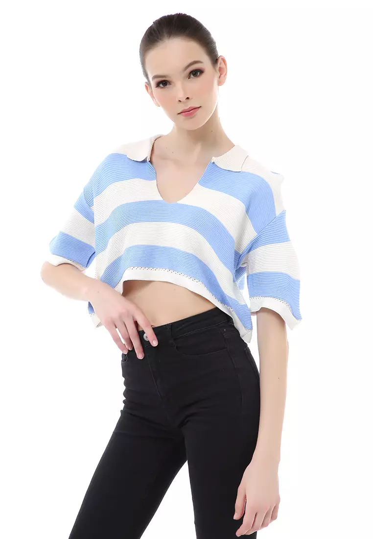 Albertine Atasan Crop Wanita Lengan Pendek Motif Salur Material Rajut ORIGINAL - Blue