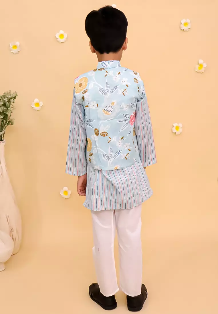 The Mom Store Megh Malhaar Boys Floral Print Jacket And Kurta Pajama Set - Light Blue