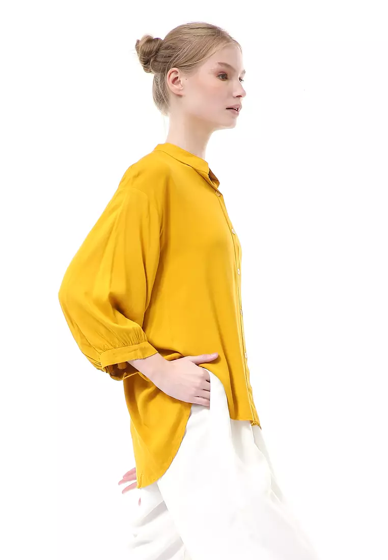 Ghita Kemeja Atasan Wanita Motif Polos Long Sleeve High Quality - Mustard