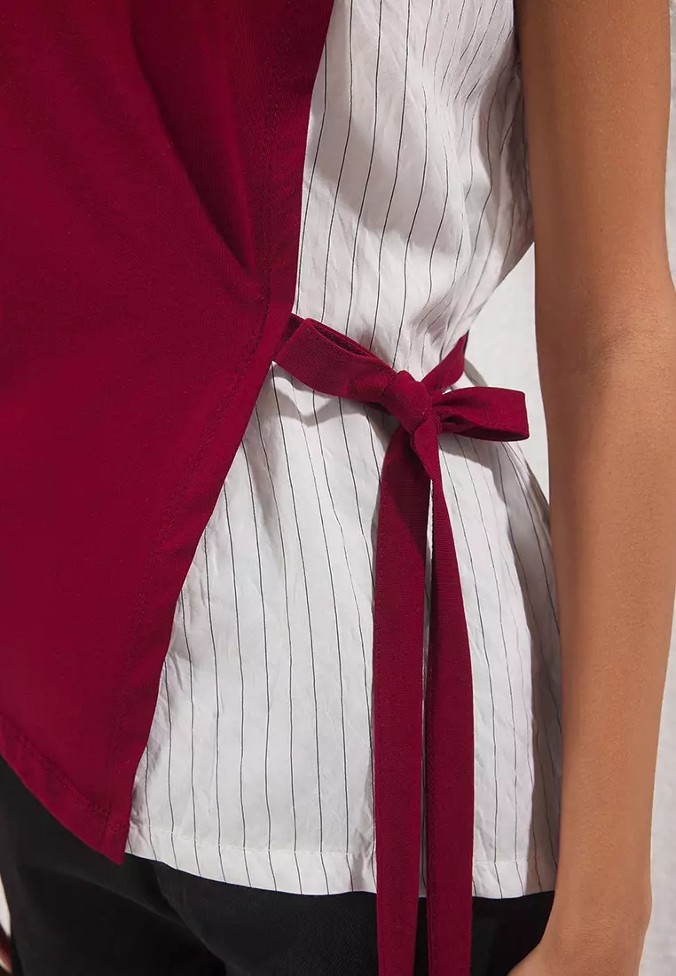 Relaxed Pattern Knitted Blouse With Burgundy Woven Garni And Tie Detail Twoss25Bz0009