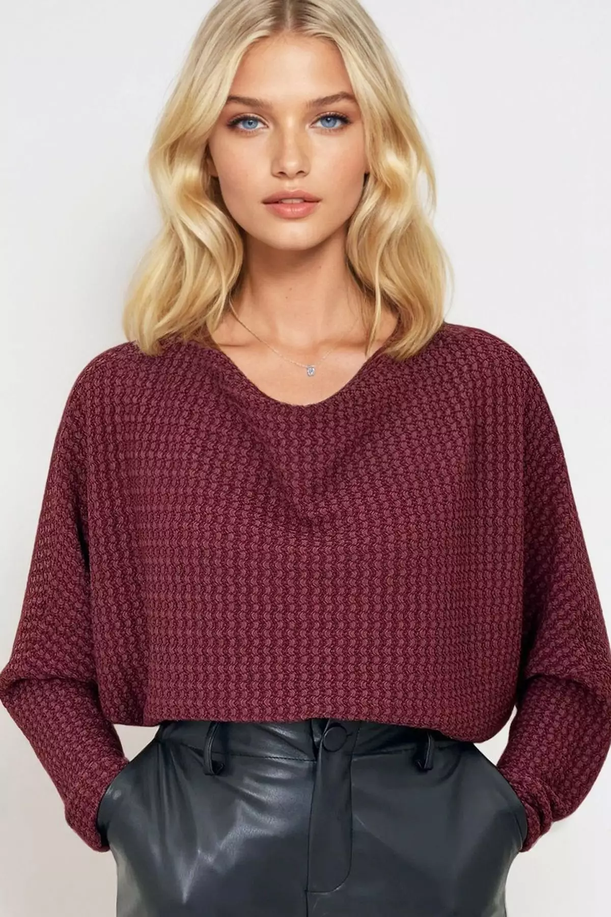 Women's Burgundy Degaje Collar Wide Cut Knitted Blouse
