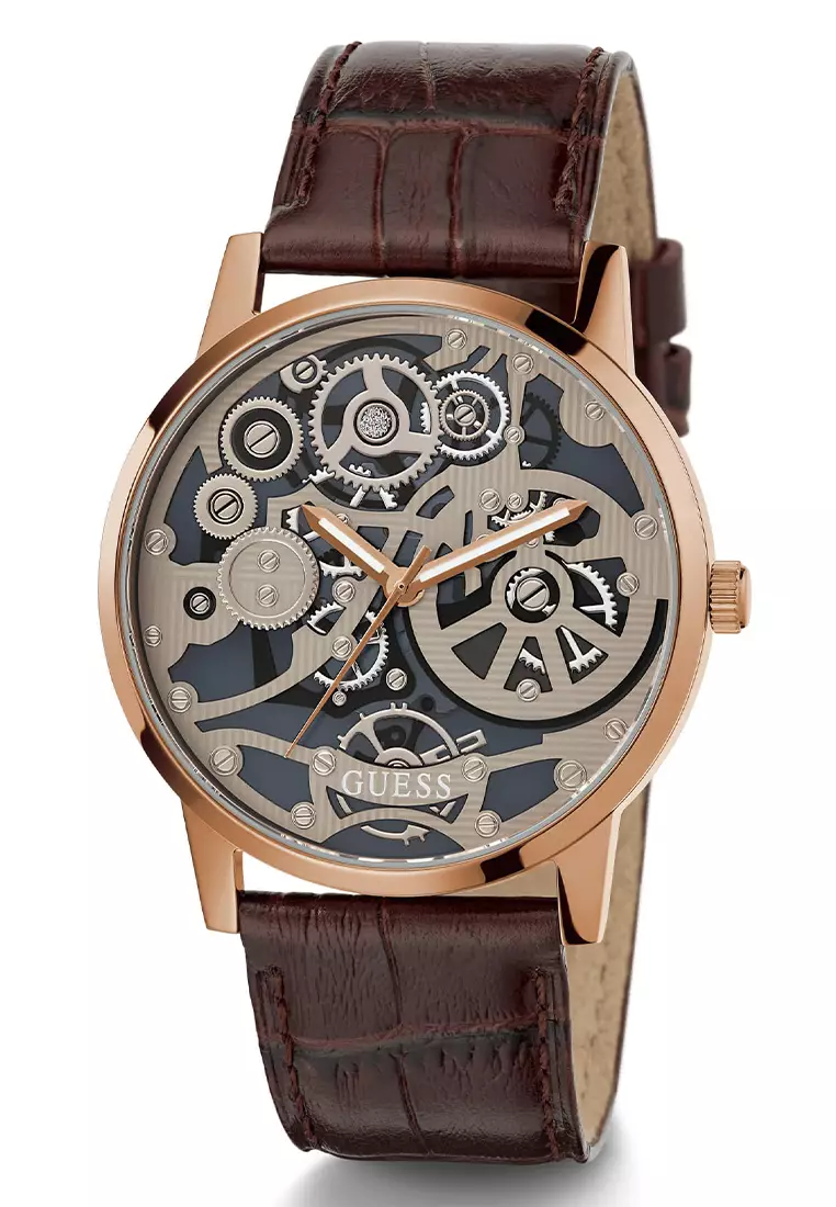 Guess GW0570G2 - Jam Tangan Analog Pria - Rosegold Stainless Steel Case - Brown Leather Strap