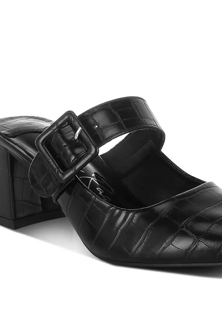 Croco Buckle Strap Detail Mules In Black