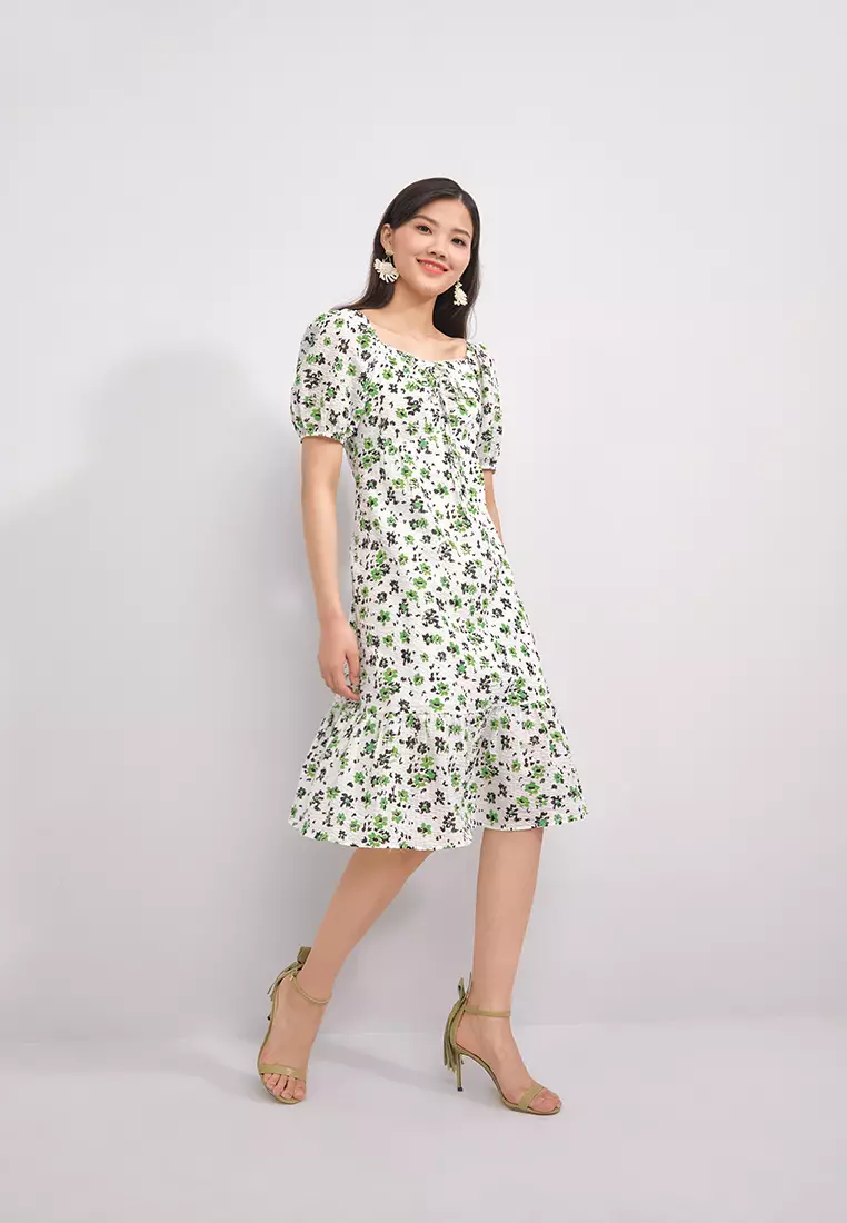 Square Neck Textured Floral Midi Dress