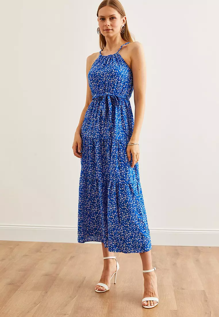 Halter Neck Belted Woven Viscose Dress
