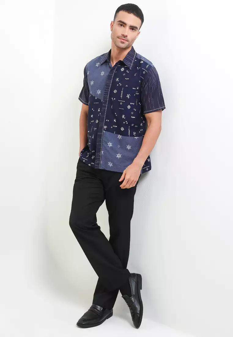 Kemeja Pria Lengan Pendek Batik Cap Dobby Spesial JFW Collection Binar Askara Navy