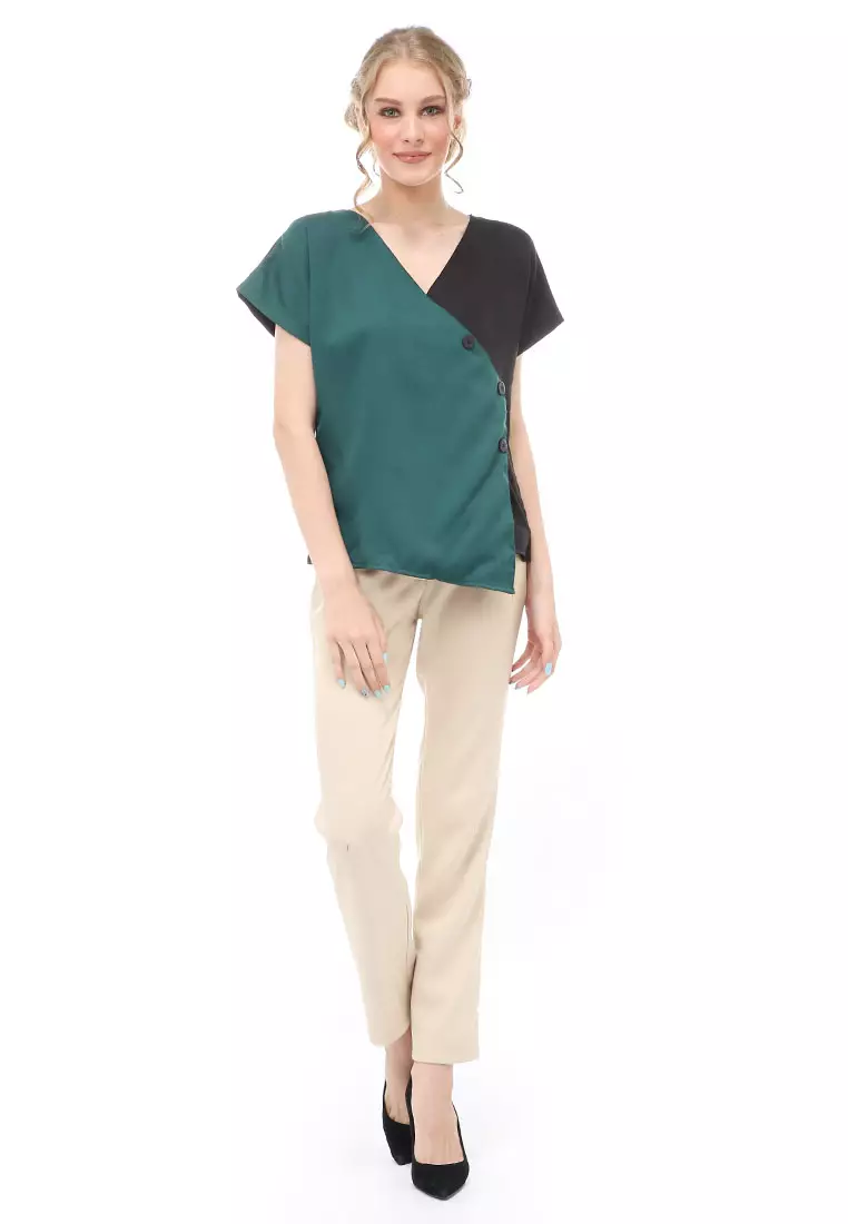 Cheva Blouse Atasan Wanita Kasual Model Asimetris Kombinasi 2 Warna Material Moscrepe ORIGINAL - Green