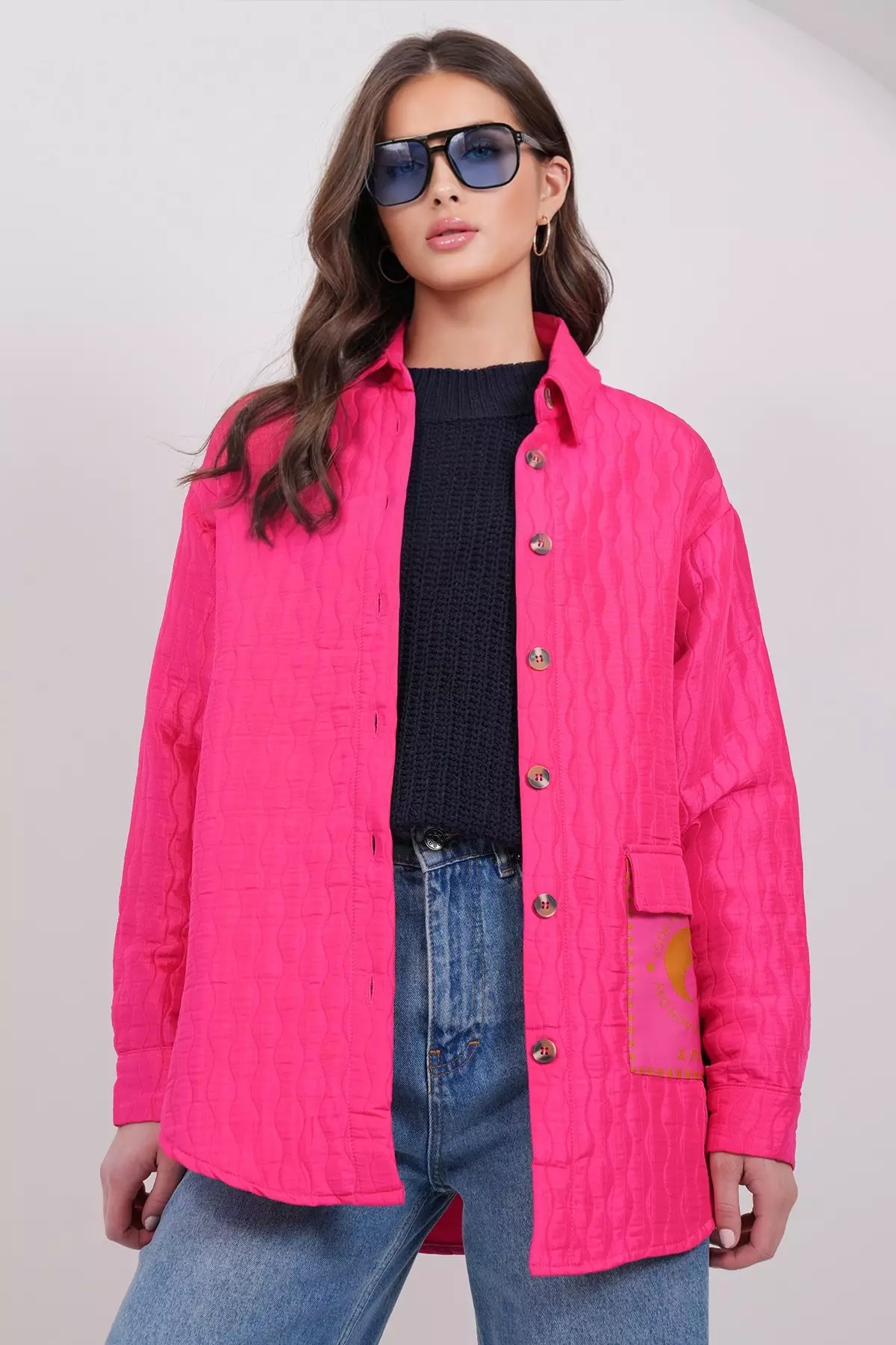 Women'S Fuchsia Pocket Detailed Quilted Shirt Jacket Alc-X14986