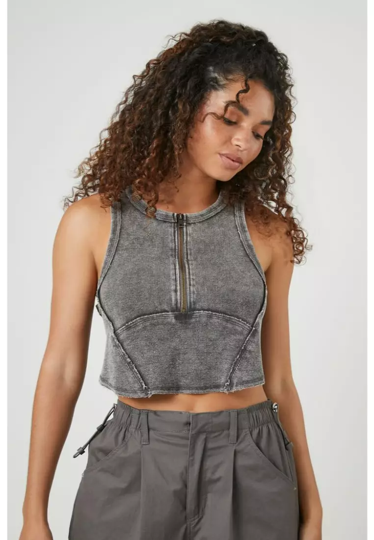 Buy FOREVER 21 Mineral Wash Half Zip Crop Top 2024 Online ZALORA