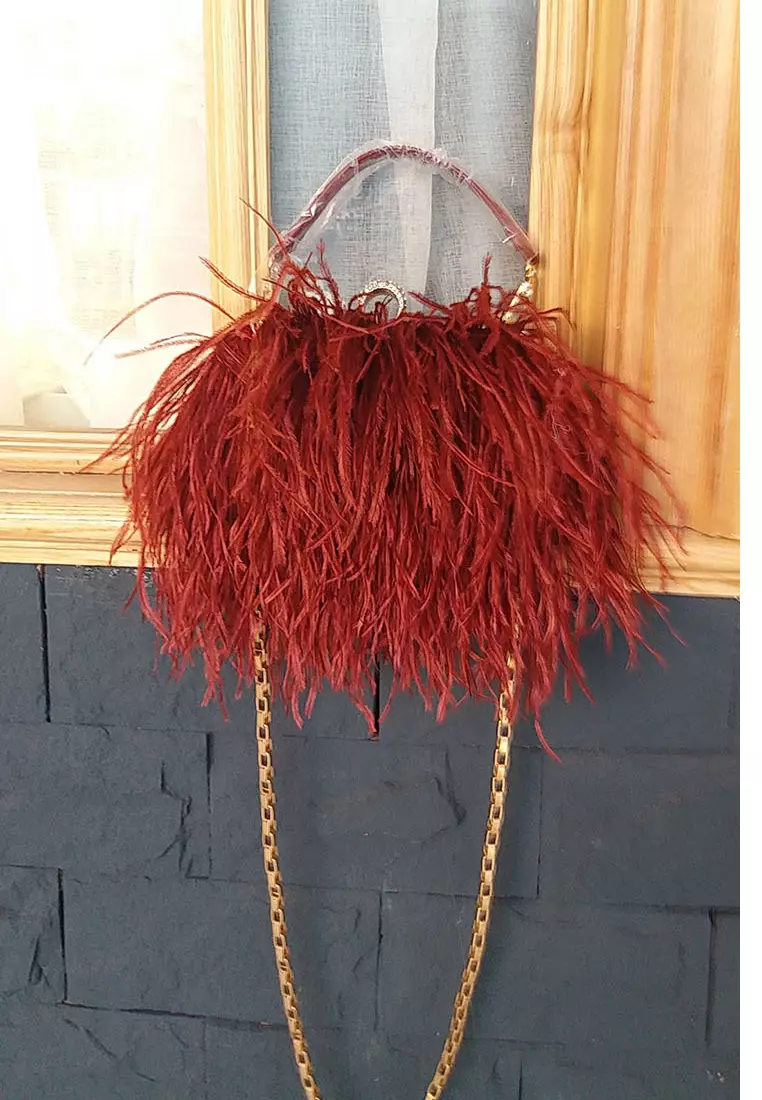 Ostrich Feather Ring Buckle Chain Crossbody Shoulder Small Square Bag