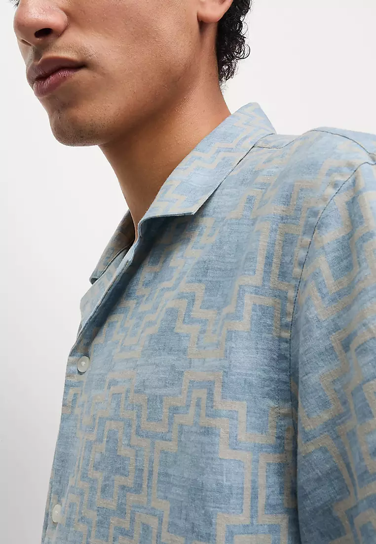 Linen Blend Geometric Print Short Sleeve Shirt