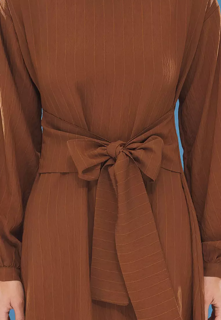 Brown Front Tie Woven Dress TCTSS24EB00131