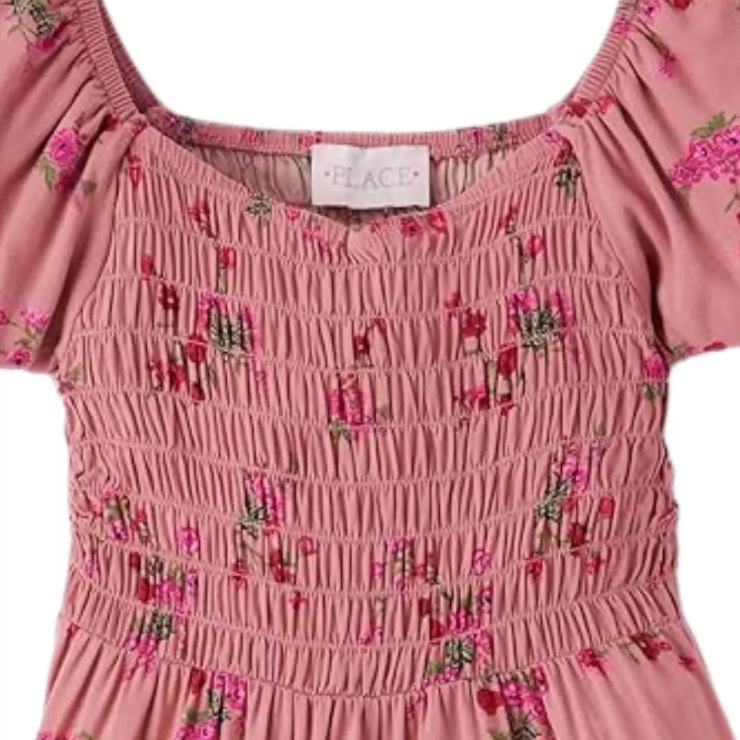 Girls Floral Smocked Ruffle Dress - Baju Anak Perempuan