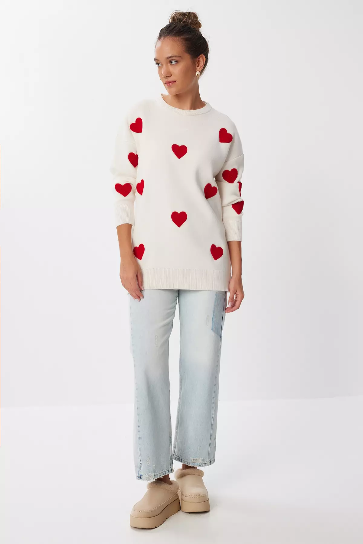 Women'S Burgundy Heart Textured Oversize Knitwear Sweater Nx00005