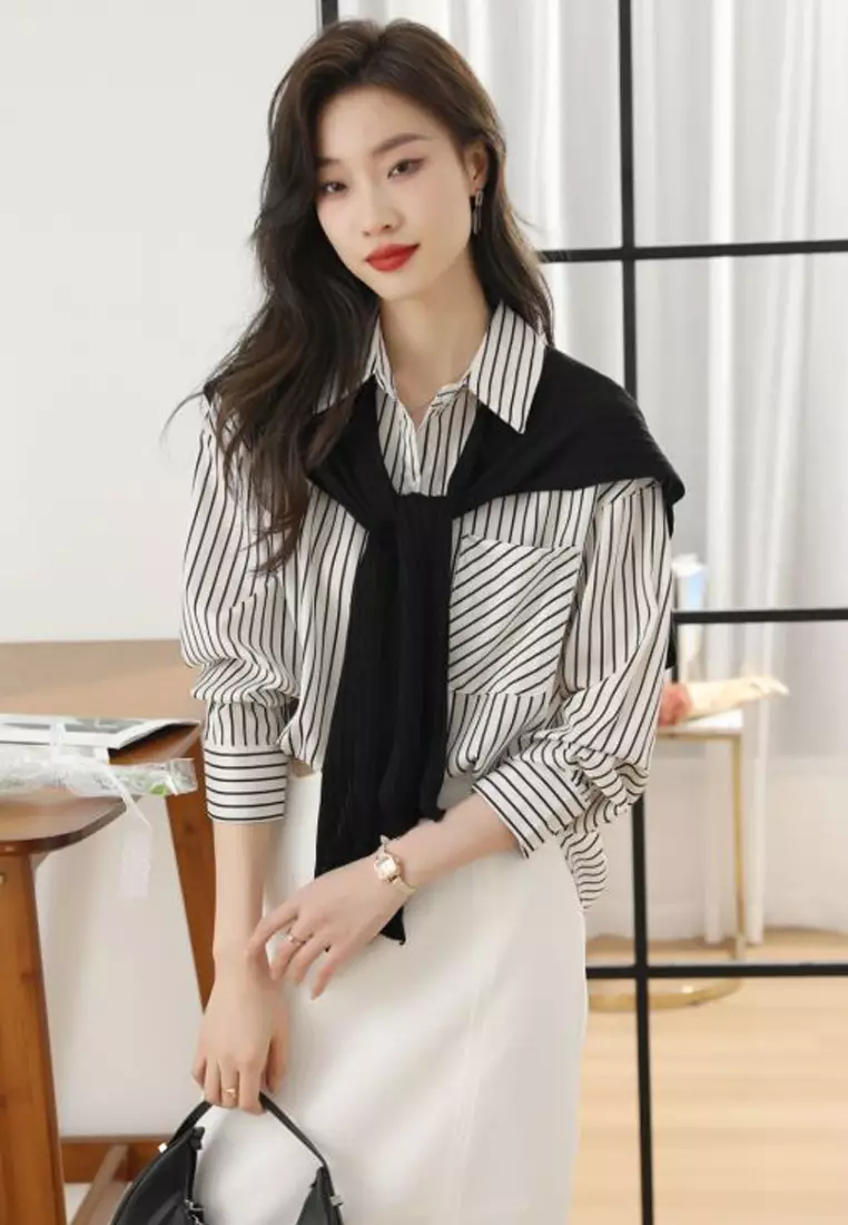Buy Halo Striped Long Sleeves Shirt With Scarf 2pcs 2024 Online