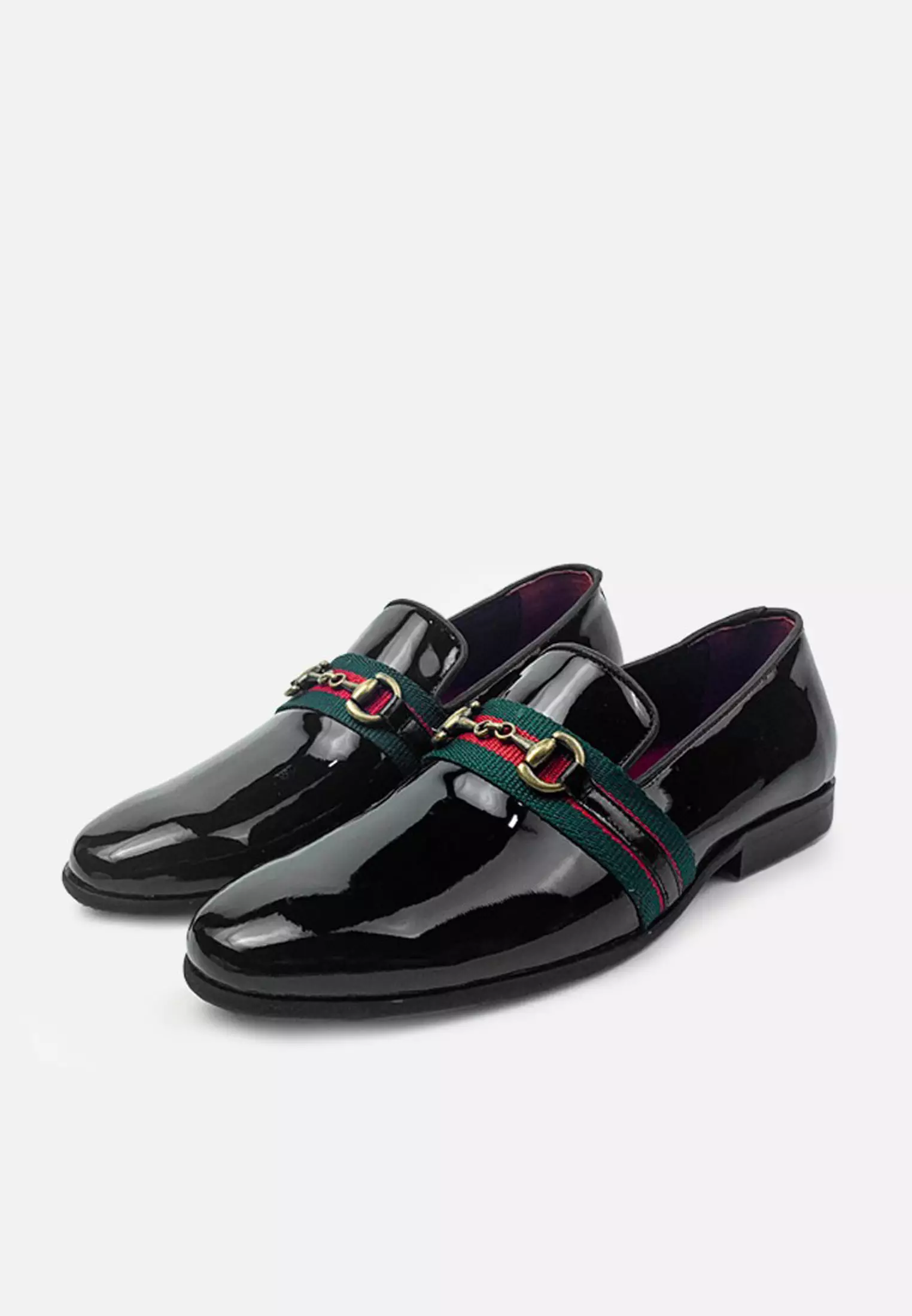Theo Sepatu Pria Slip On Loafer Casual with Metal Buckle - Black Patent