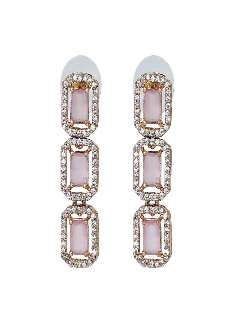 Estele Rose Gold Plated CZ Ossum Octagon Earrings With Mint Pink Crystals For Women
