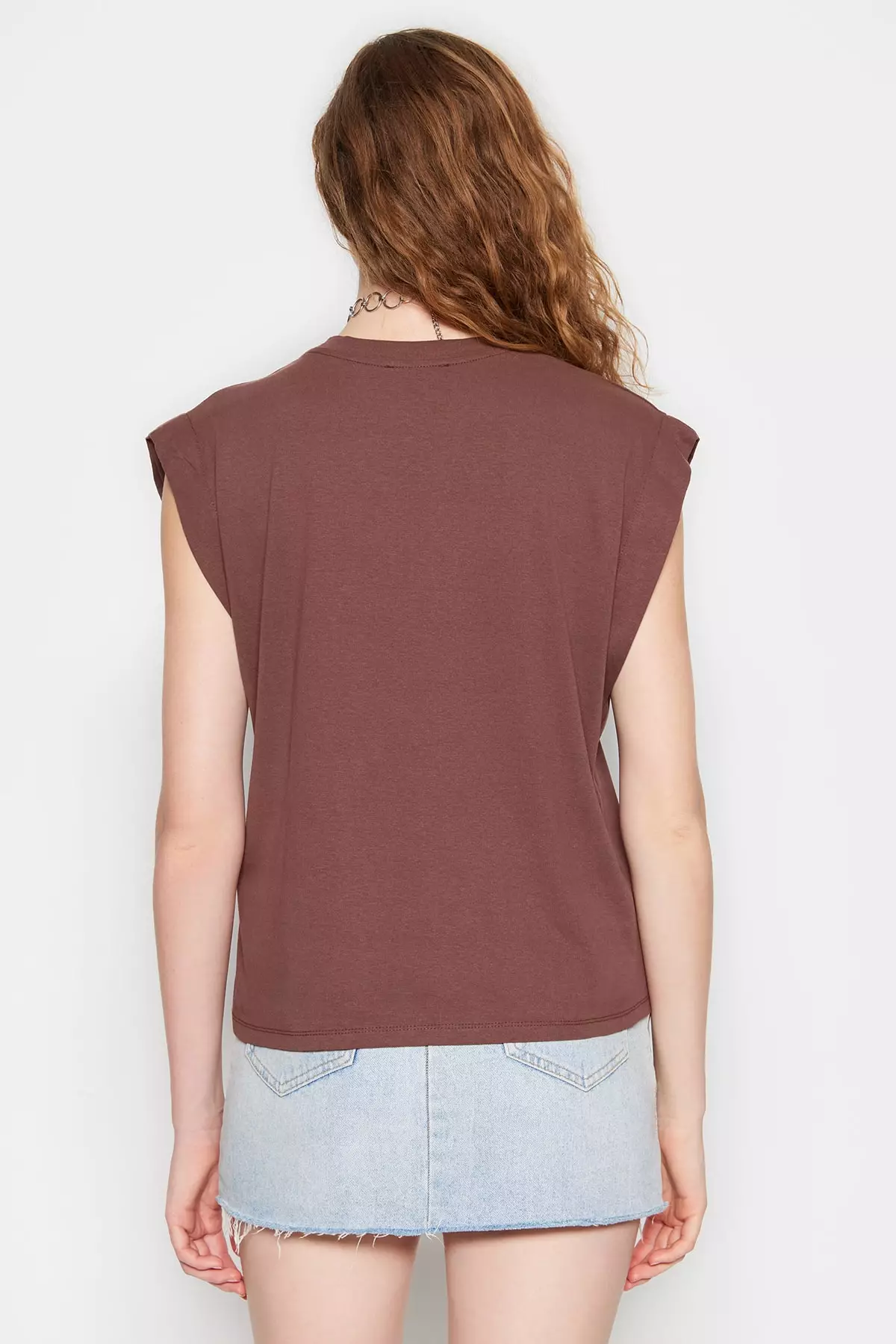 Brown 100% Cotton Wadding Look Basic Crew Neck Knitted T-Shirt Twoss20Ts0021