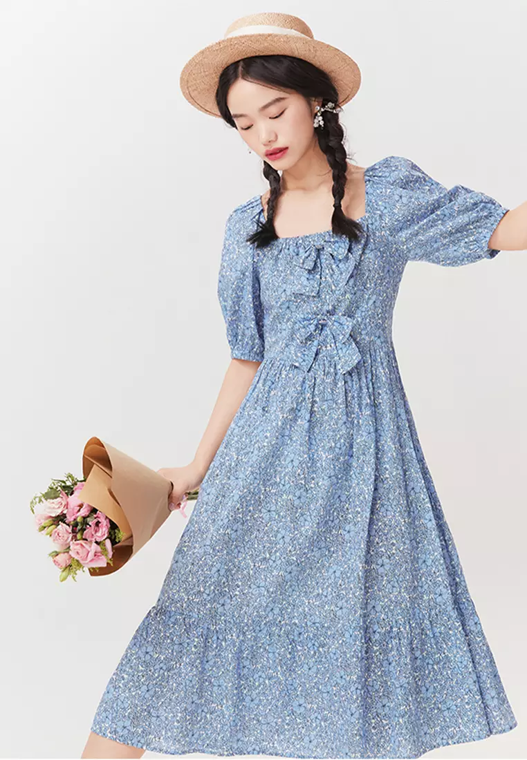 Summer Puff Knot Sleeve Chiffon Dress