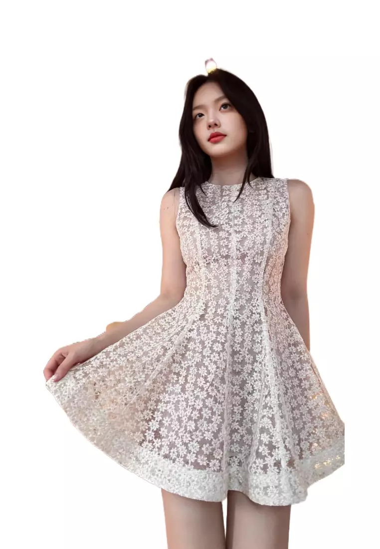 小雛菊蕾絲無袖收腰A字短連衣裙 CA26022436