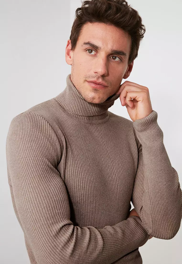 Buy Trendyol Mink Men's Fitted Tight Fit Turtleneck Corduroy Knitted ...