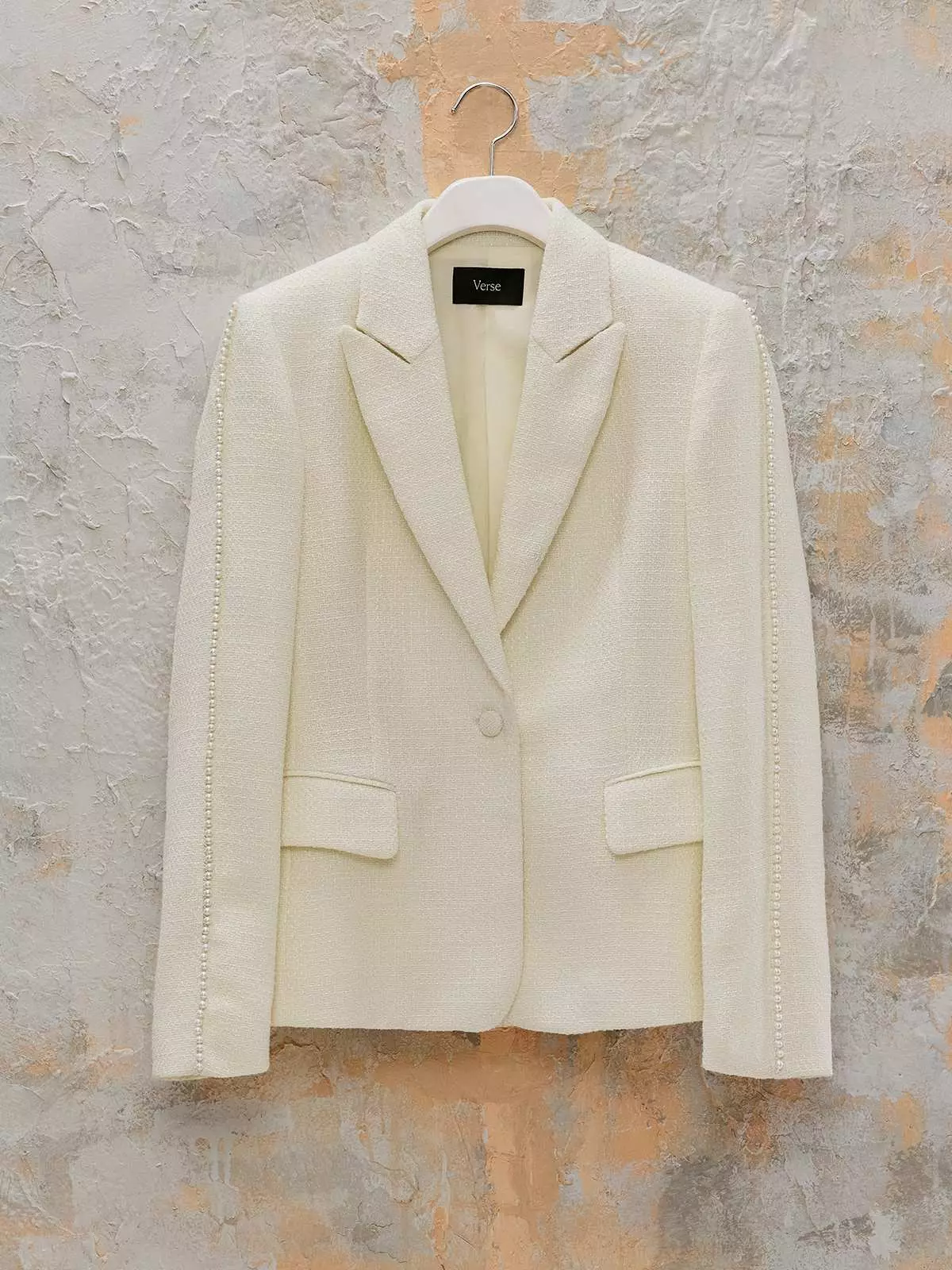 Pearl Embellished Detail Tweed Blazer  - Cream