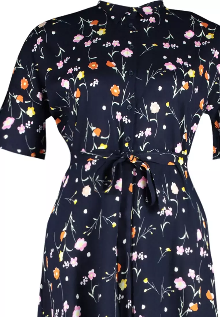 Navy Blue Floral Pattern Woven Slit Detailed Dress Tbbss22El1612