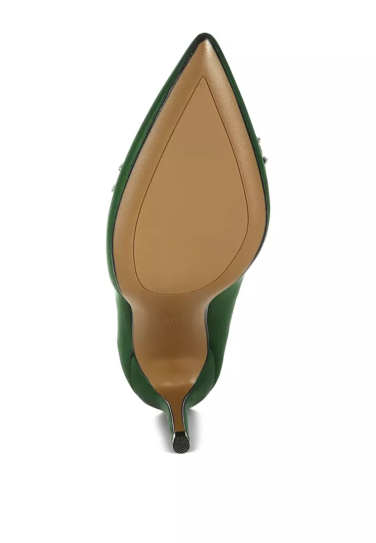 Diamante Brooch Detail Satin Pumps In Green