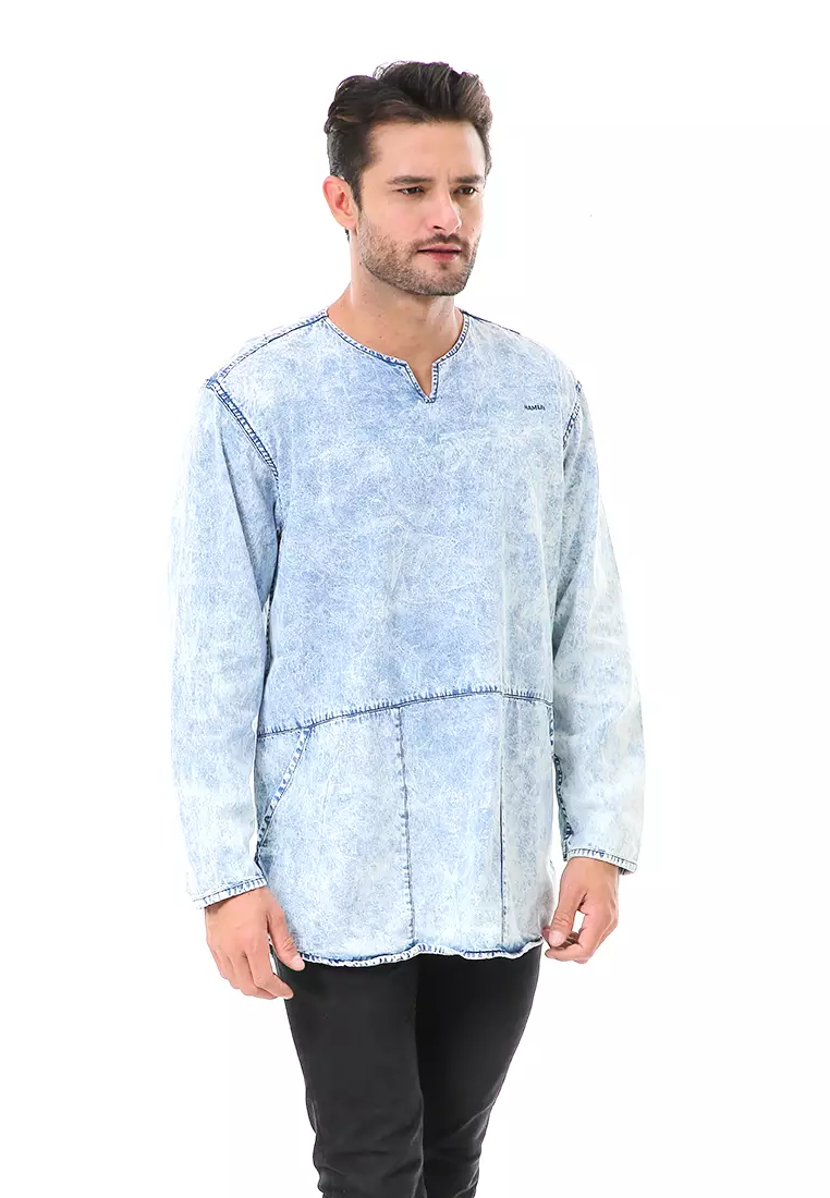Leopold Kemeja Koko Jeans Pria Lengan Panjang Long Shirt Material Denim ORIGINAL - Blue