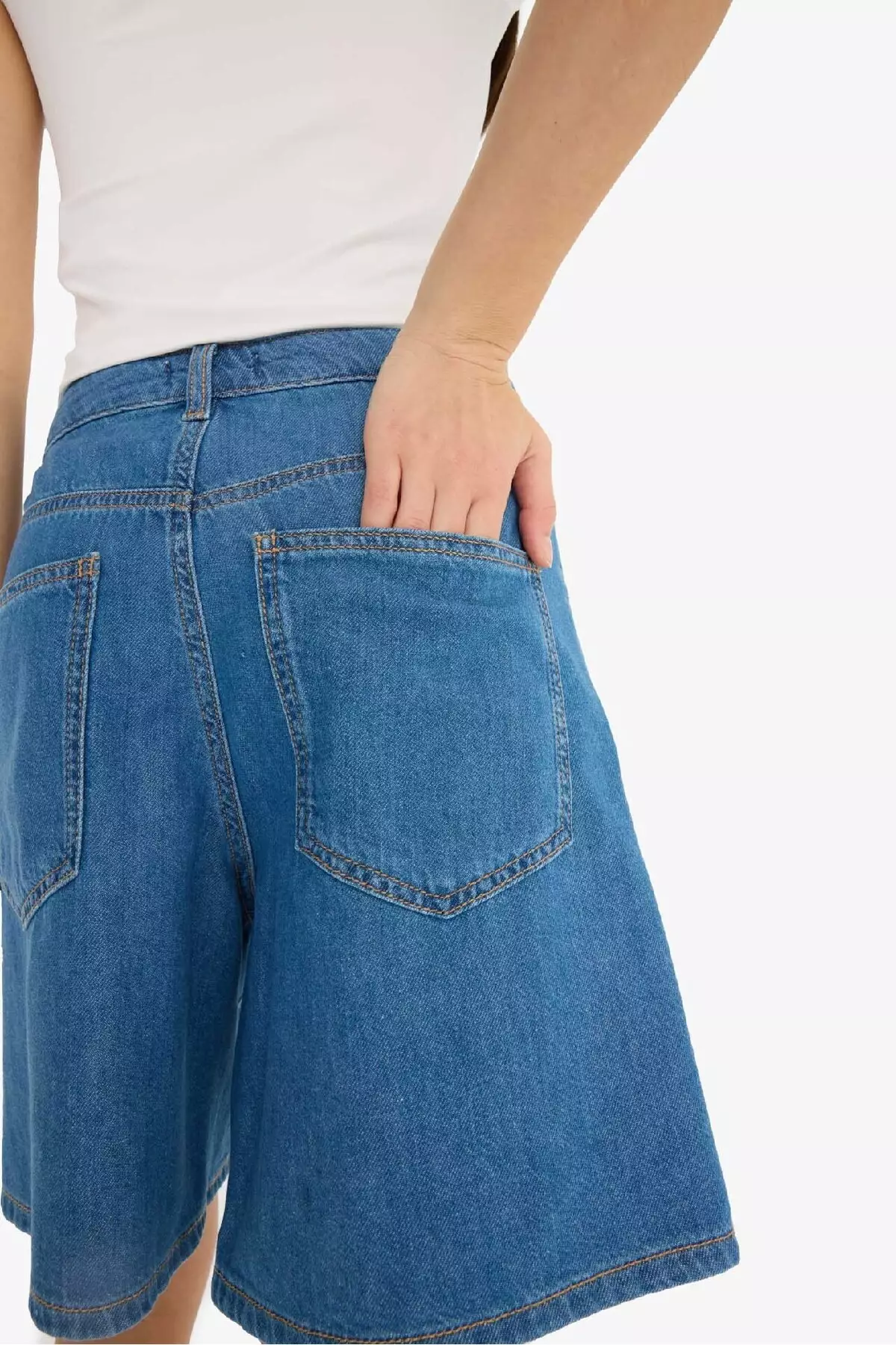High Waist Straight Leg Soft Jean Bermuda E0961Ax25Sm
