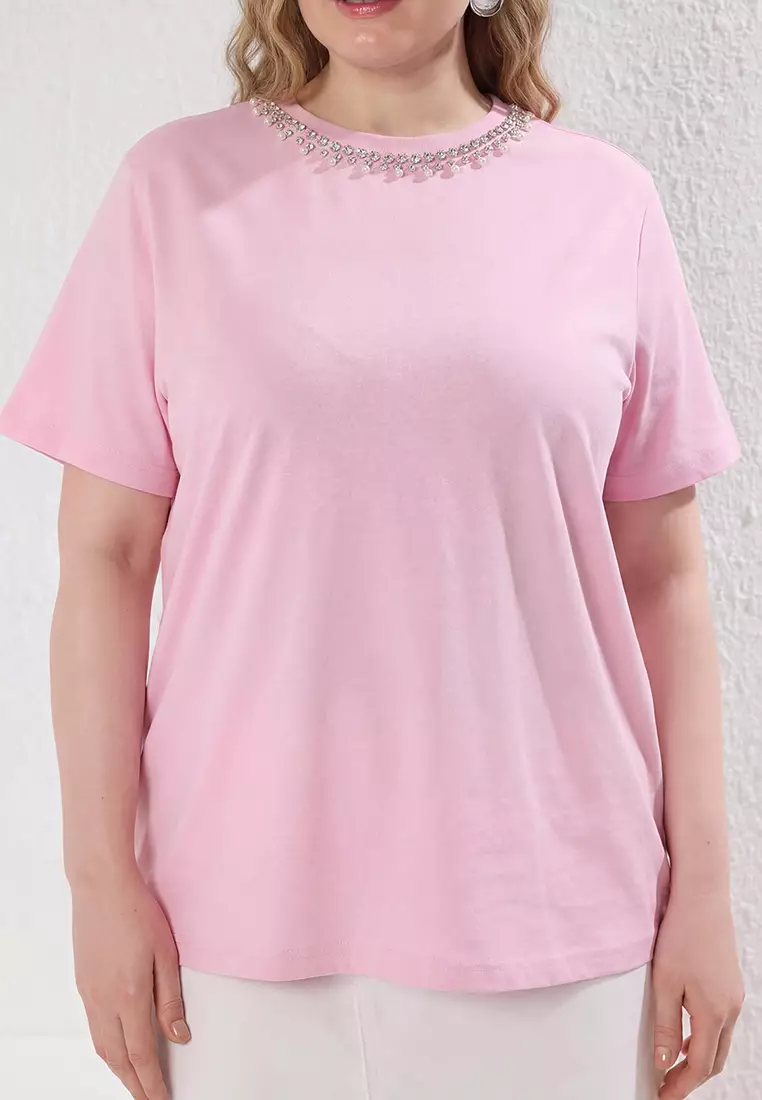 Pink Stone Collar Relaxed Fit 100% Cotton Knitted Plus Size T-Shirt Tbbss25Bf00021