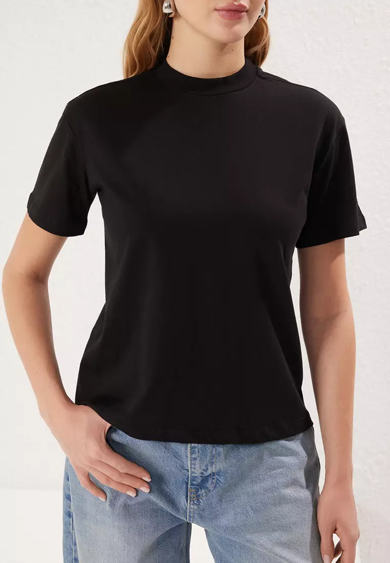 Black-Black 2-Pack Basic Stand Collar Knitted T-Shirt