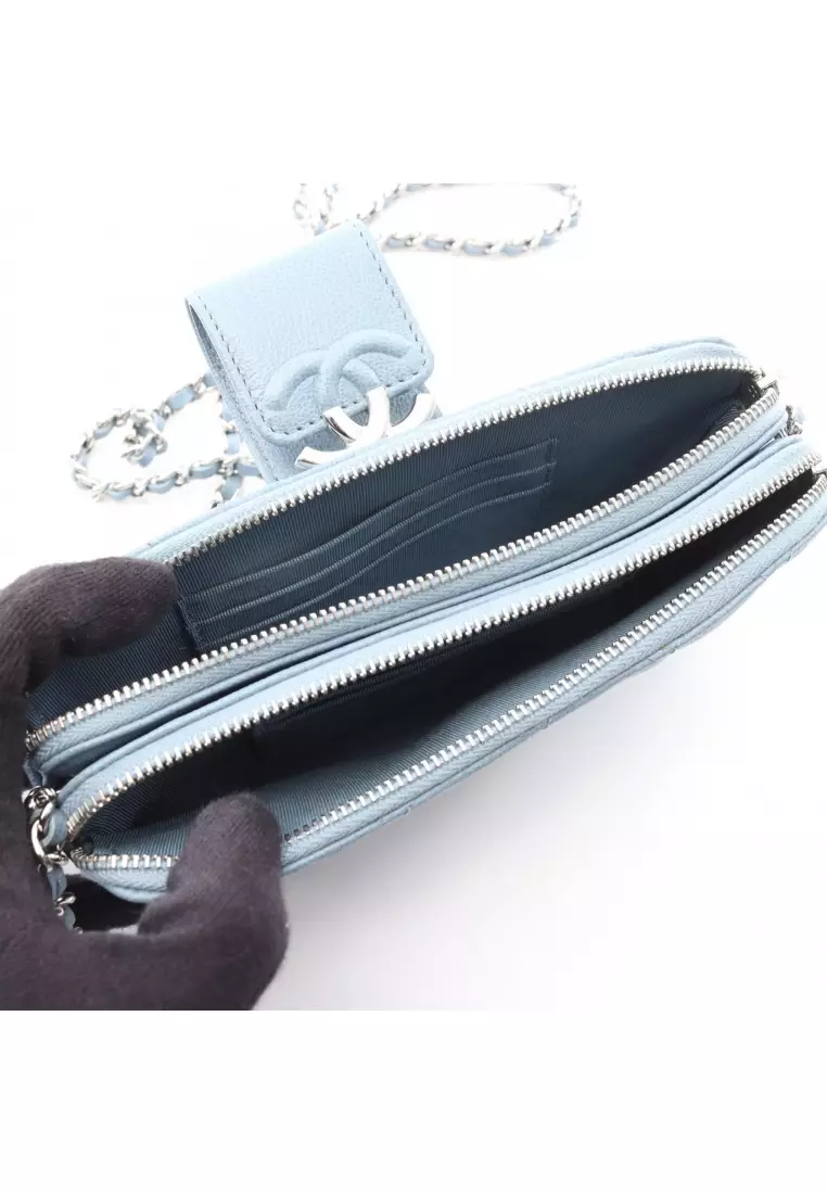 Pre-Loved Chanel Half Coco Mark matelasse chain wallet Caviar skin Light blue silver hardware