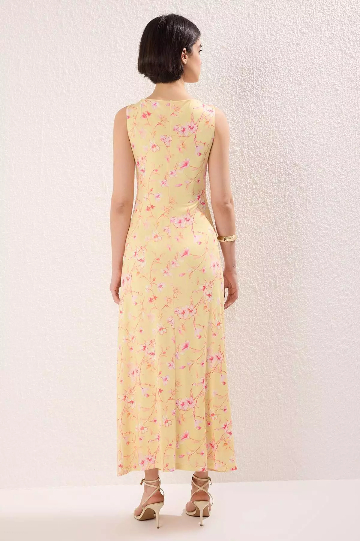 Orange Flower Printed Bright Surface Boat Rock Body-Hugging Stretchy Knitted Pencil Dress Twoss24El00528