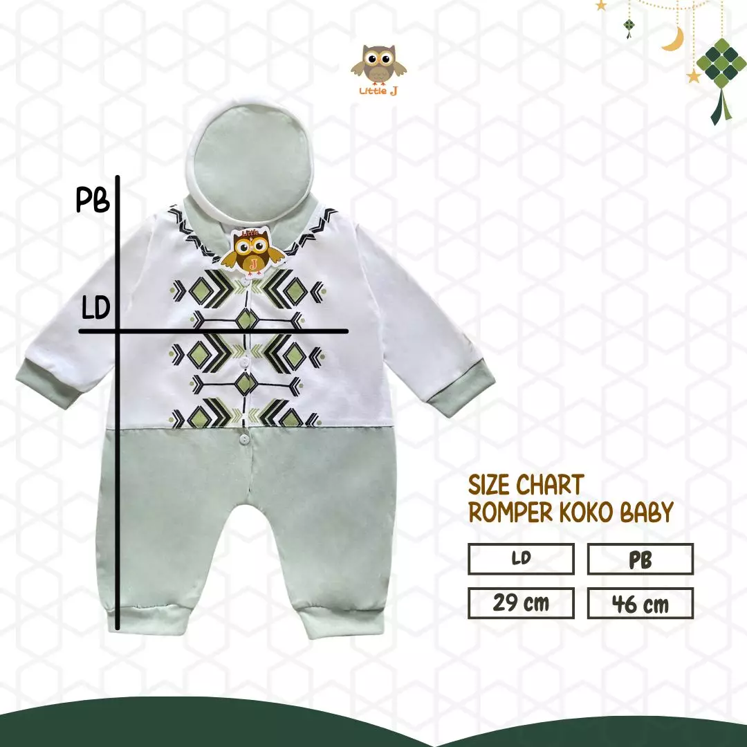 Little J - (1564 COKSU) Raya Collection Romper Koko Baby Setelan Baju Koko Bayi SNI Muslin Cowok Jumper Koko 0-9 Bulan Peci Double Knitted Sablon Aplikasi Kudung 3 Kancing Hidup