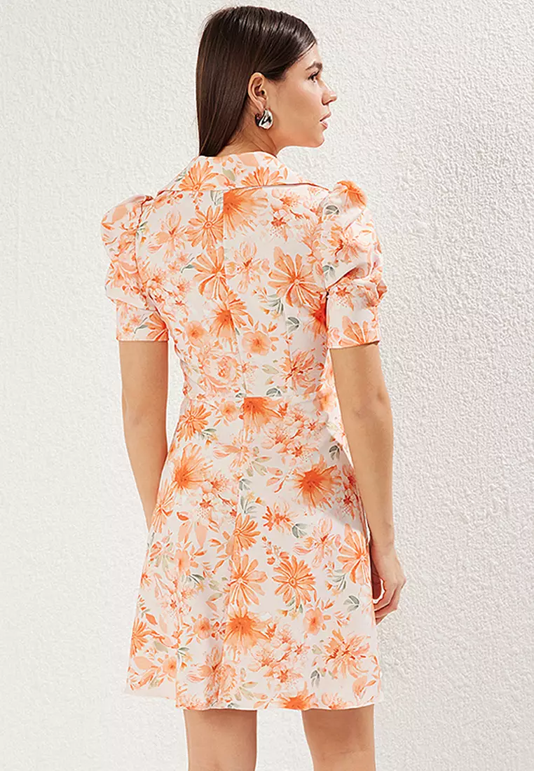 Orange A-Line Balloon Sleeves Floral Mini Woven Dress