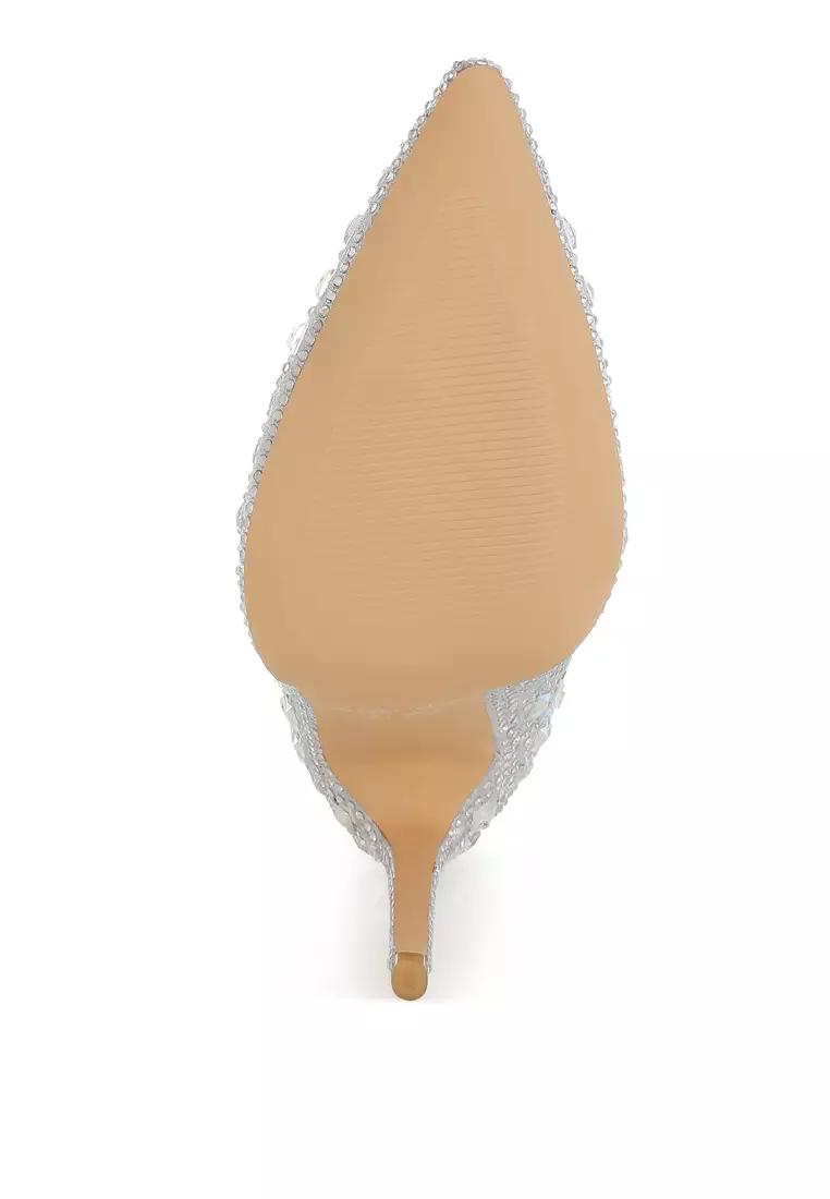 Pointed Toe Rhinestones Stiletto Boots in Silver