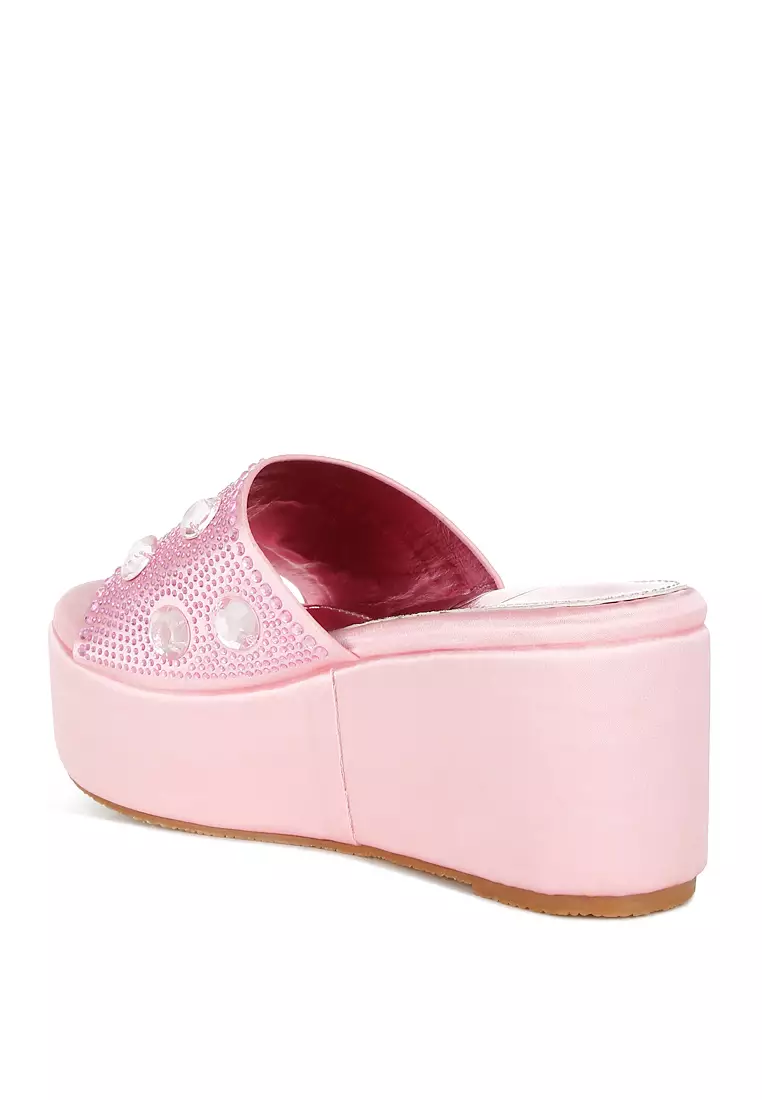 Sandal Platform Berbahan Berlian Imitasi dan Berlian Imitasi Warna Pink