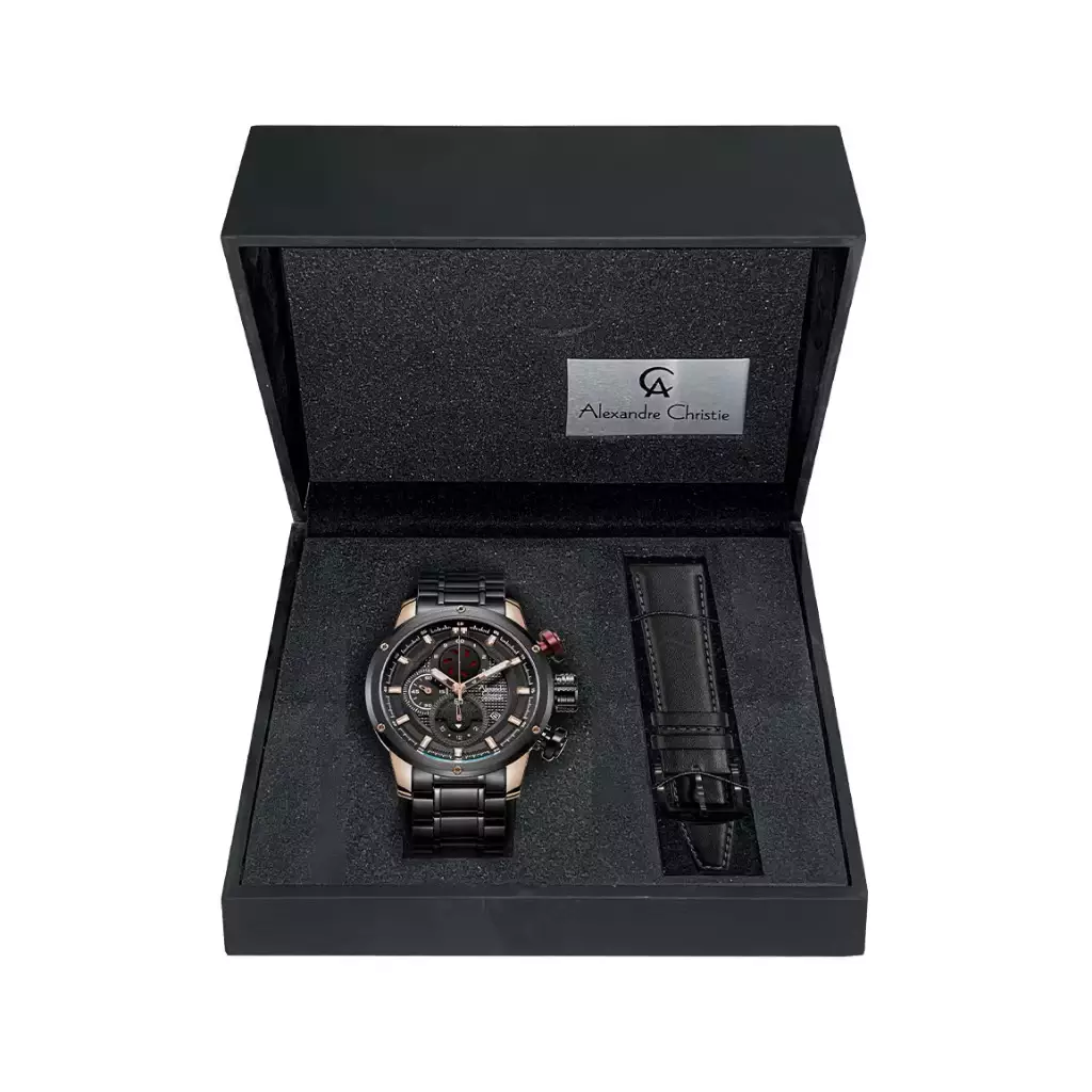 Jam Tangan Pria Alexandre Christie Chronograph AC 6239 MC BBRBA  Men Black Dial Rose Gold Stainless Steel Strap with Exclusive Box