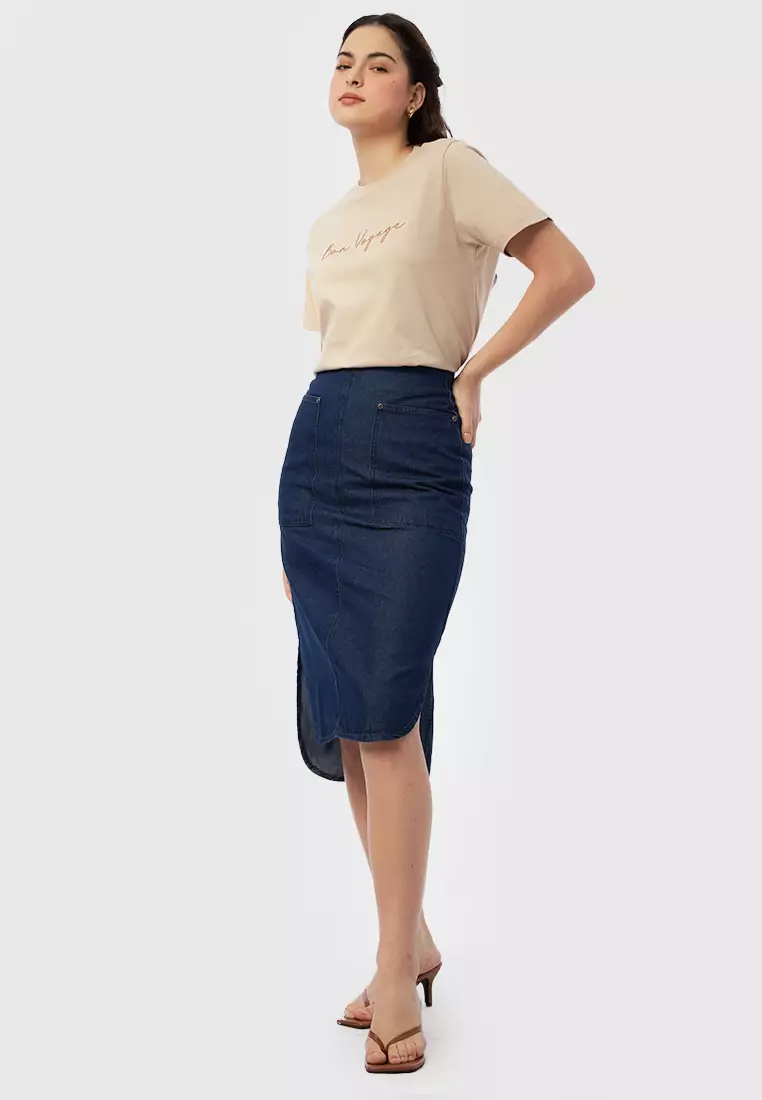 Denim Midi Skirt with Side Slit DARK BLUE