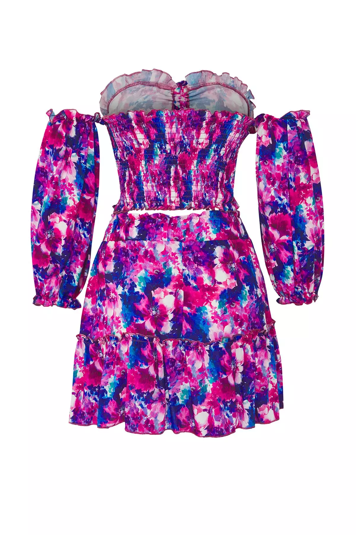 Flower Patterned Woven Frilly Beach Blouse Skirt Suit Tbess21Au0539