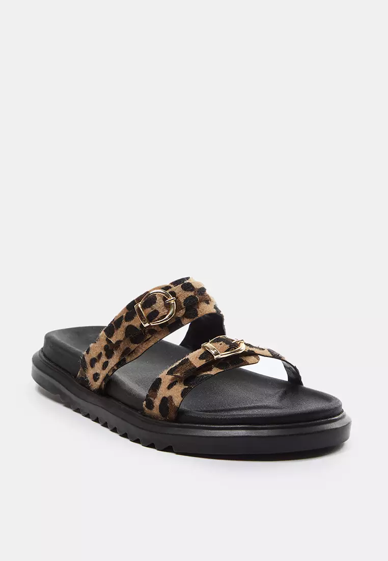 Leopard Double Buckle Brown Thick Sole Women's Slippers Takaw25Te00009