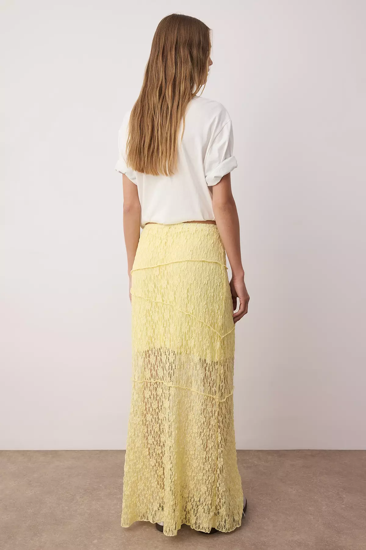 Yellow A Line Lace Lined Maxi Skirt