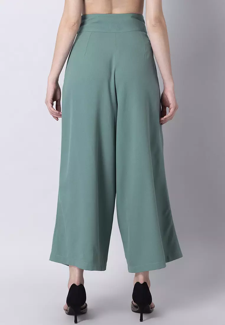 Green Belted High Waist Flared Trousers